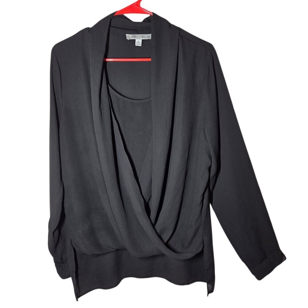 Larry Levine Black Long Sleeve Surplice High-Low Hem Scoop Neck Dressy Blouse XL